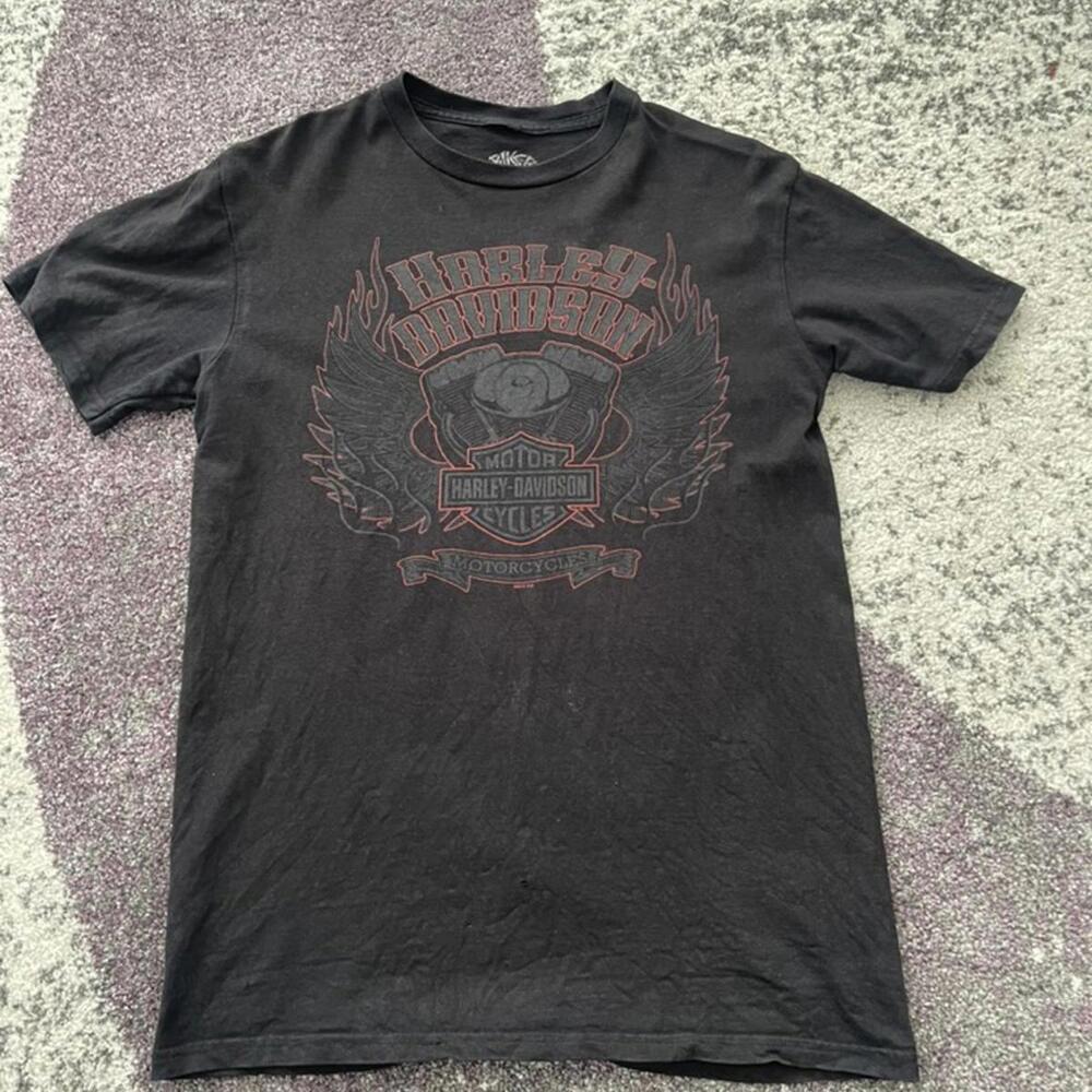 Faded 2013 Harley-Davidson Flame Wing Tee – Biker Skull Tag - Picture 1 of 4